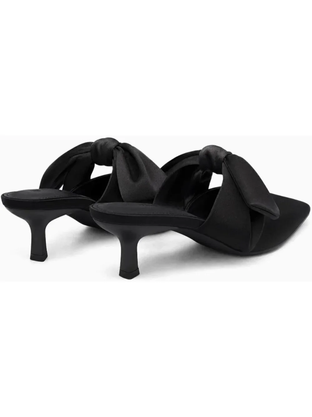 Women's Black Rubber Satin Bow Strap Kitten Heels Pointed Toe Slip On Mule Pumps
